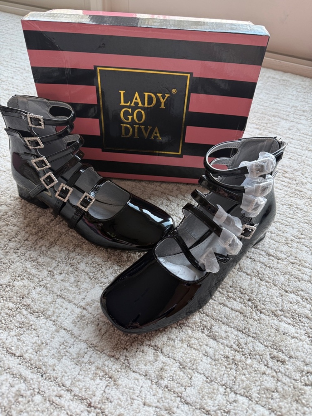 Women's Black Patent Strappy Ankle StackedHeels